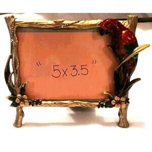 Gold Branch Parrot Enamel Jeweled Picture Frame Horizontal 3.5x5 Tropical Bird
